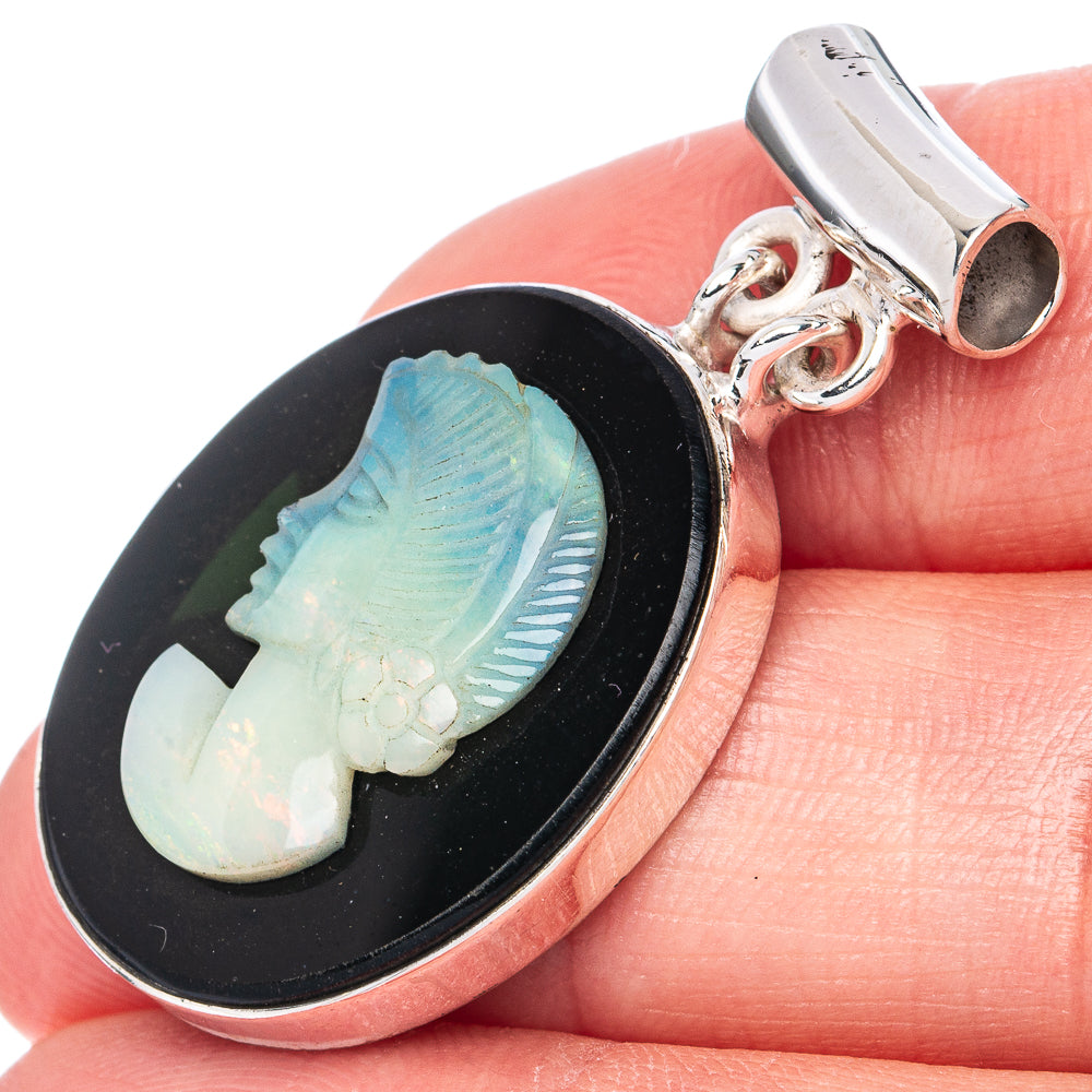 Rare Natural Opal Cameo Black Onyx Lady Face Cameo Pendant 1 1/2" (925 Sterling Silver) P41278