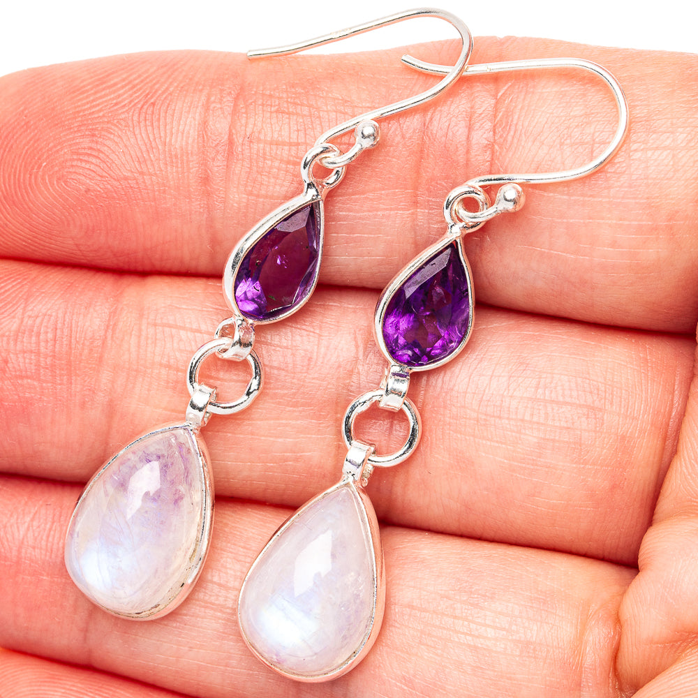 Rainbow Moonstone, Amethyst Earrings 1 7/8" (.925 Sterling Silver)