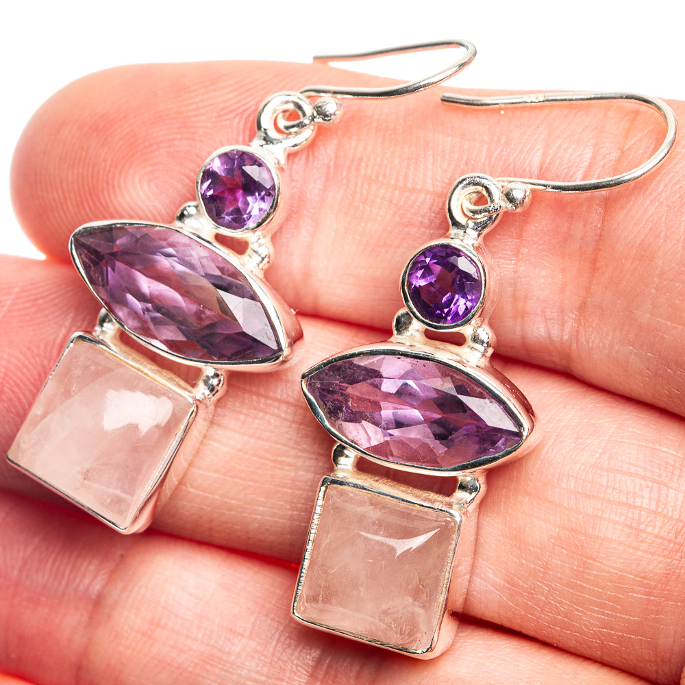 Rose Quartz, Amethyst Earrings 1 5/8" (925 Sterling Silver) E432718