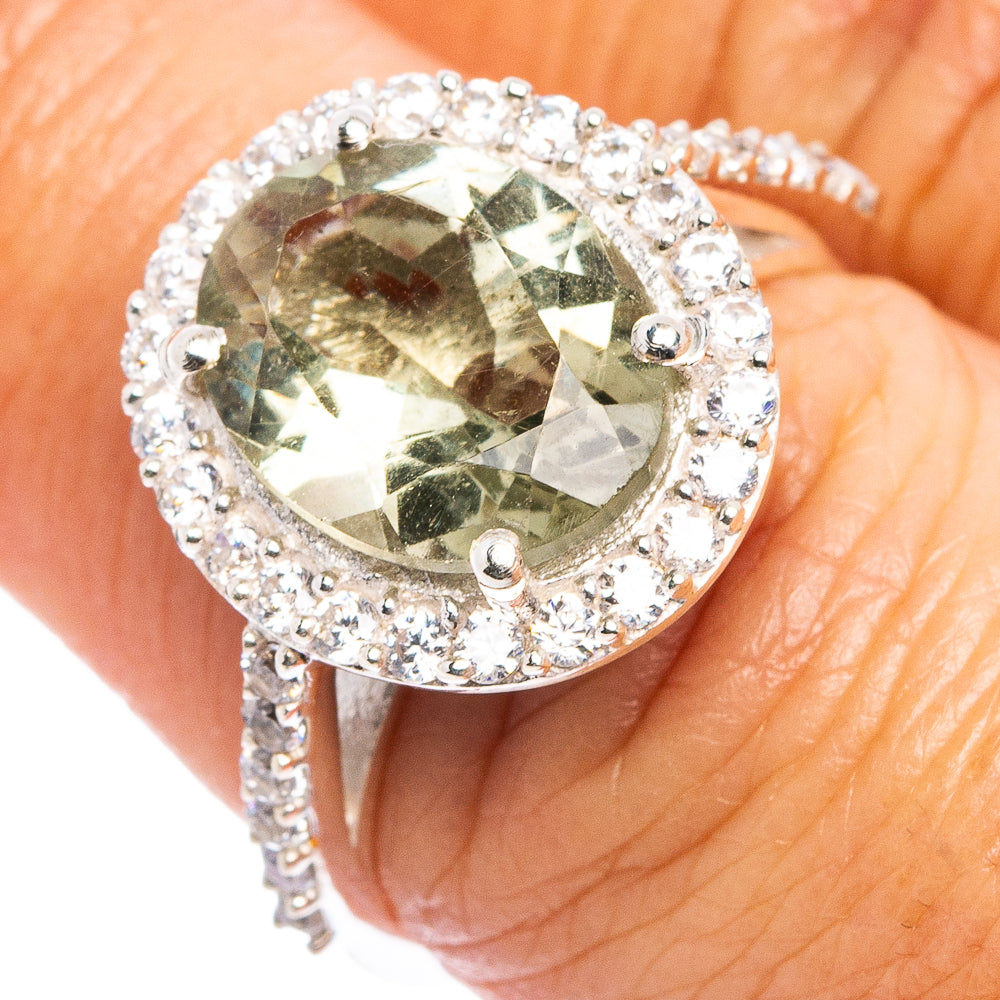 Faceted Green Amethyst, Cubic Zirconia Ring Size 7.25 (.925 Sterling Silver)