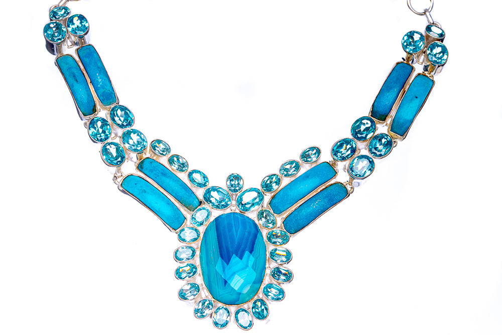 Blue Botswana Agate, Blue Topaz Necklace 16" (925 Sterling Silver) N90093