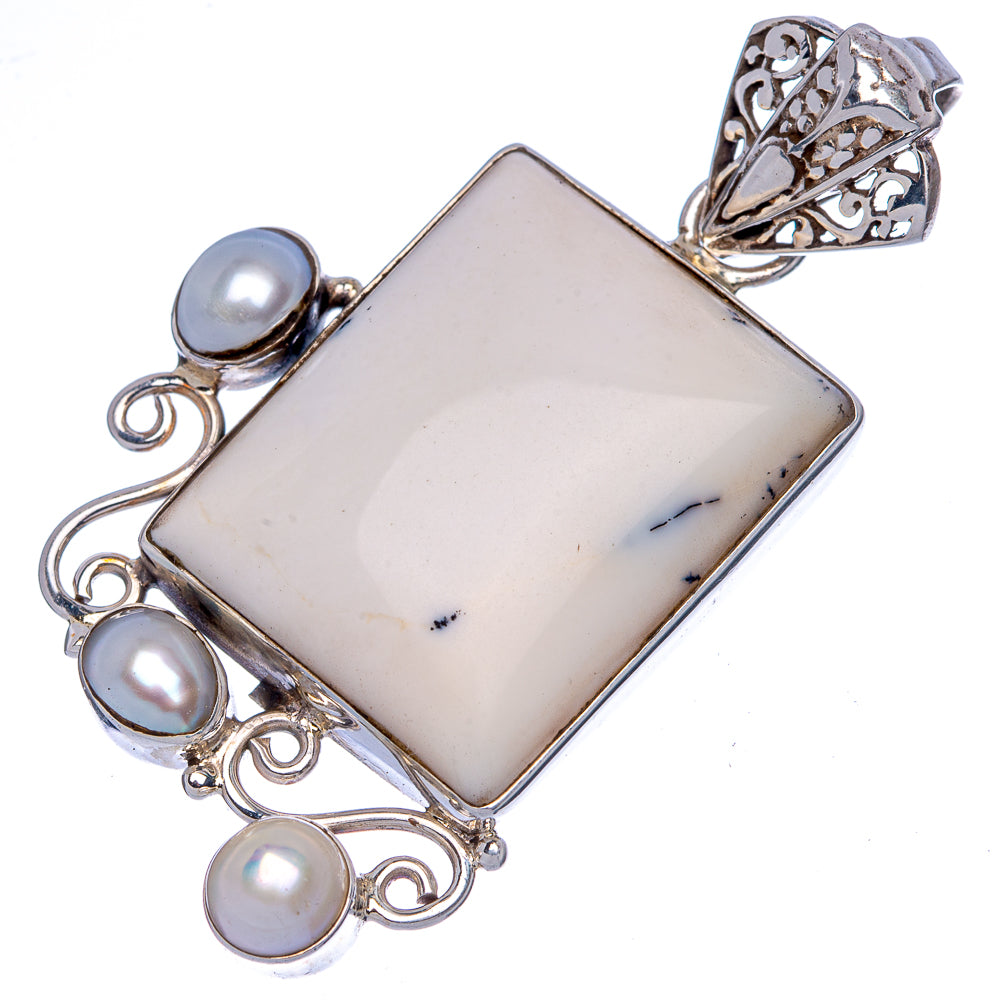 Dendritic Opal, Cultured Pearl Pendant 2 1/8" (925 Sterling Silver) P40045