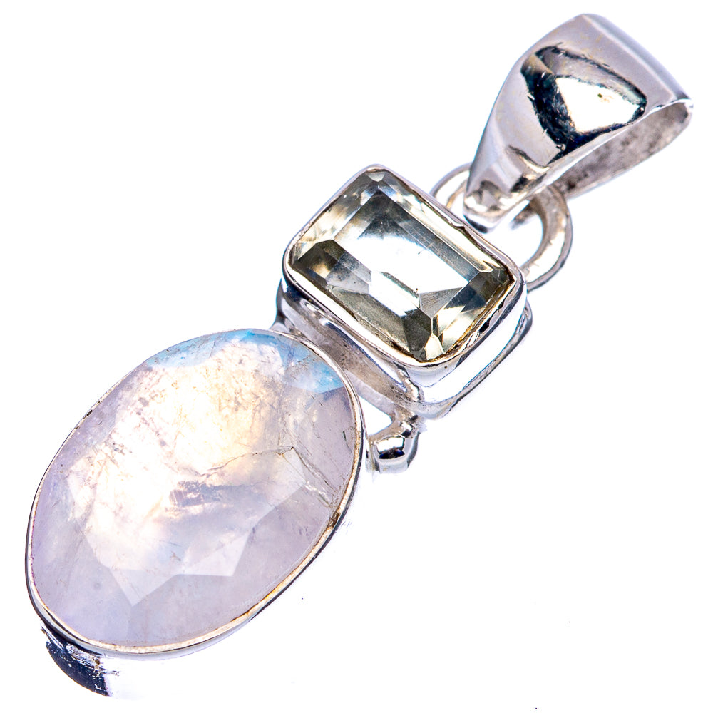 Faceted Rainbow Moonstone , Green Amethyst Pendant 1 1/4" (.925 Sterling Silver)