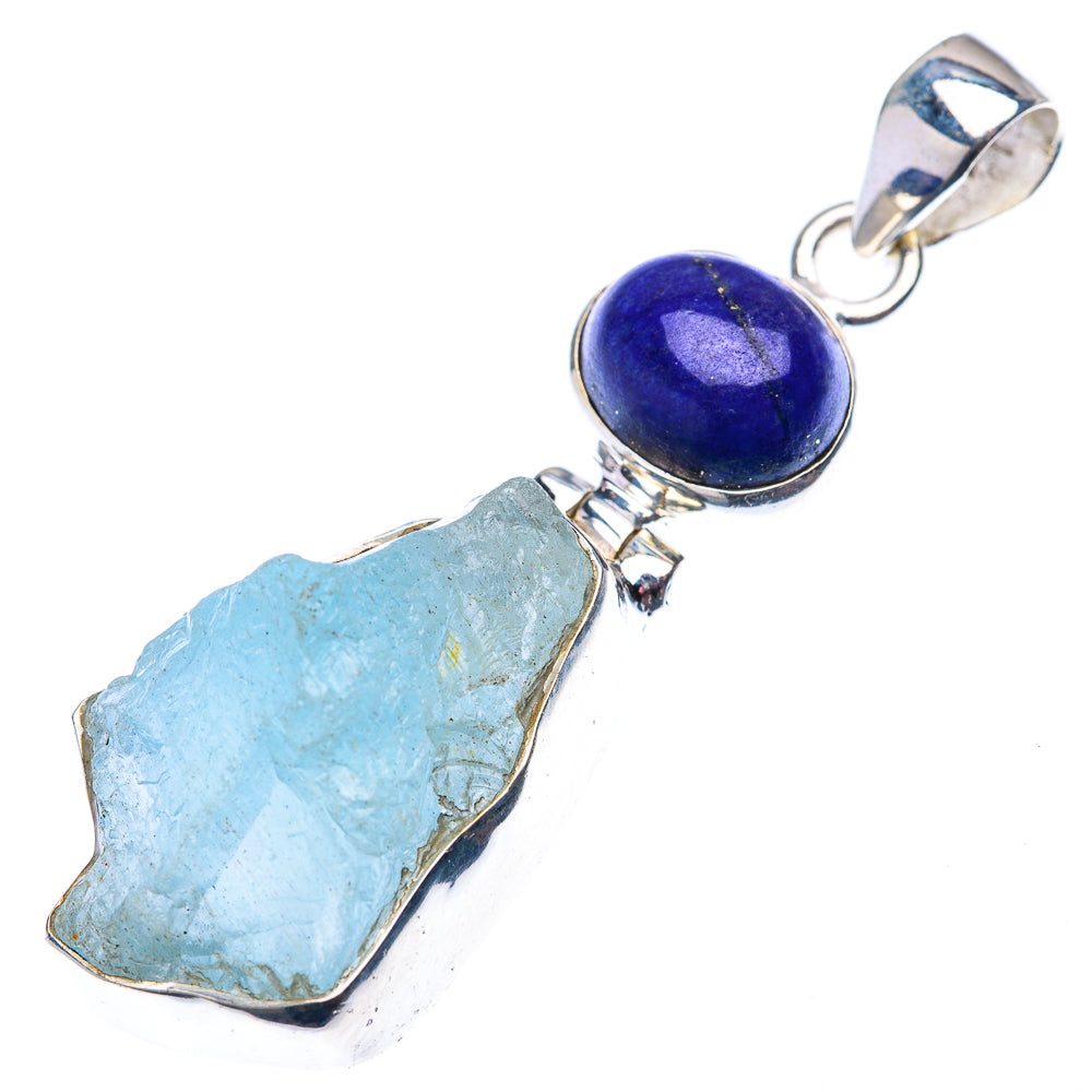 Raw Aquamarine, Lapis Lazuli Pendant 2" (925 Sterling Silver) PD38565