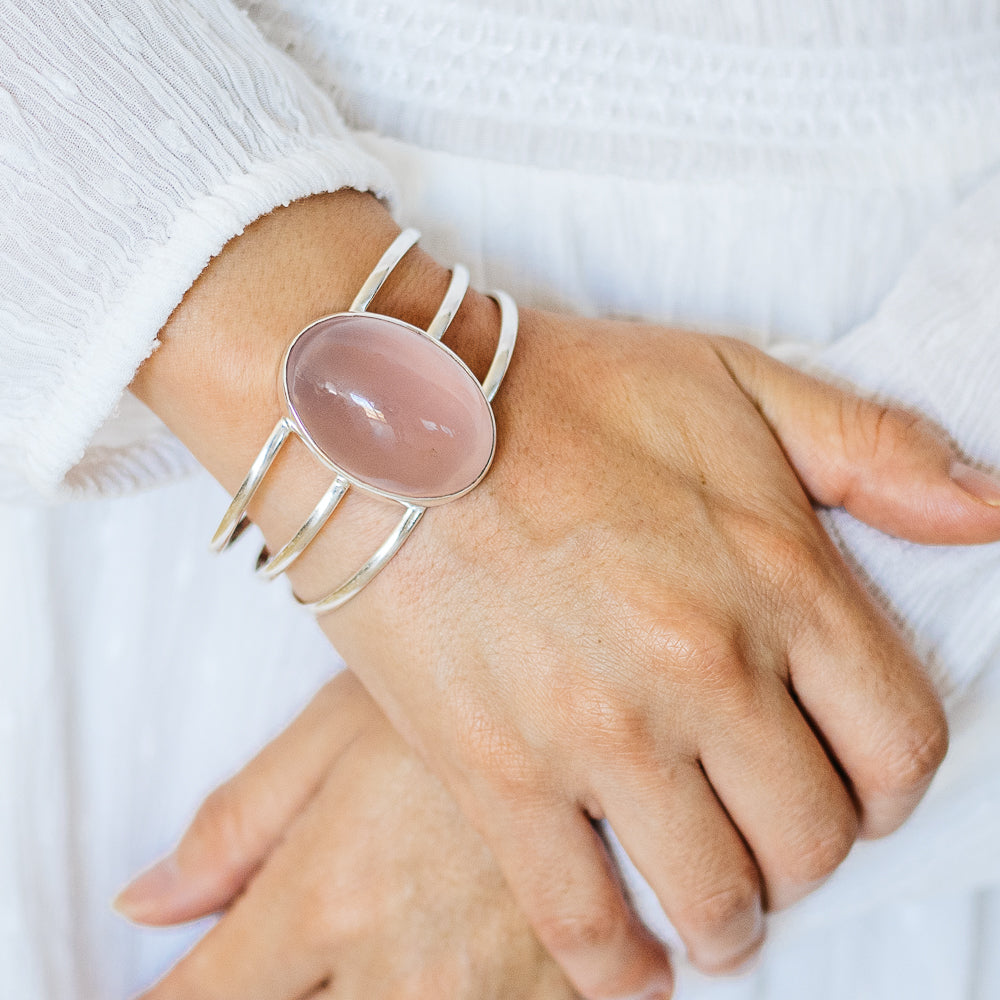 Rose Quartz Cuff Bracelet (925 Sterling Silver) BR90278