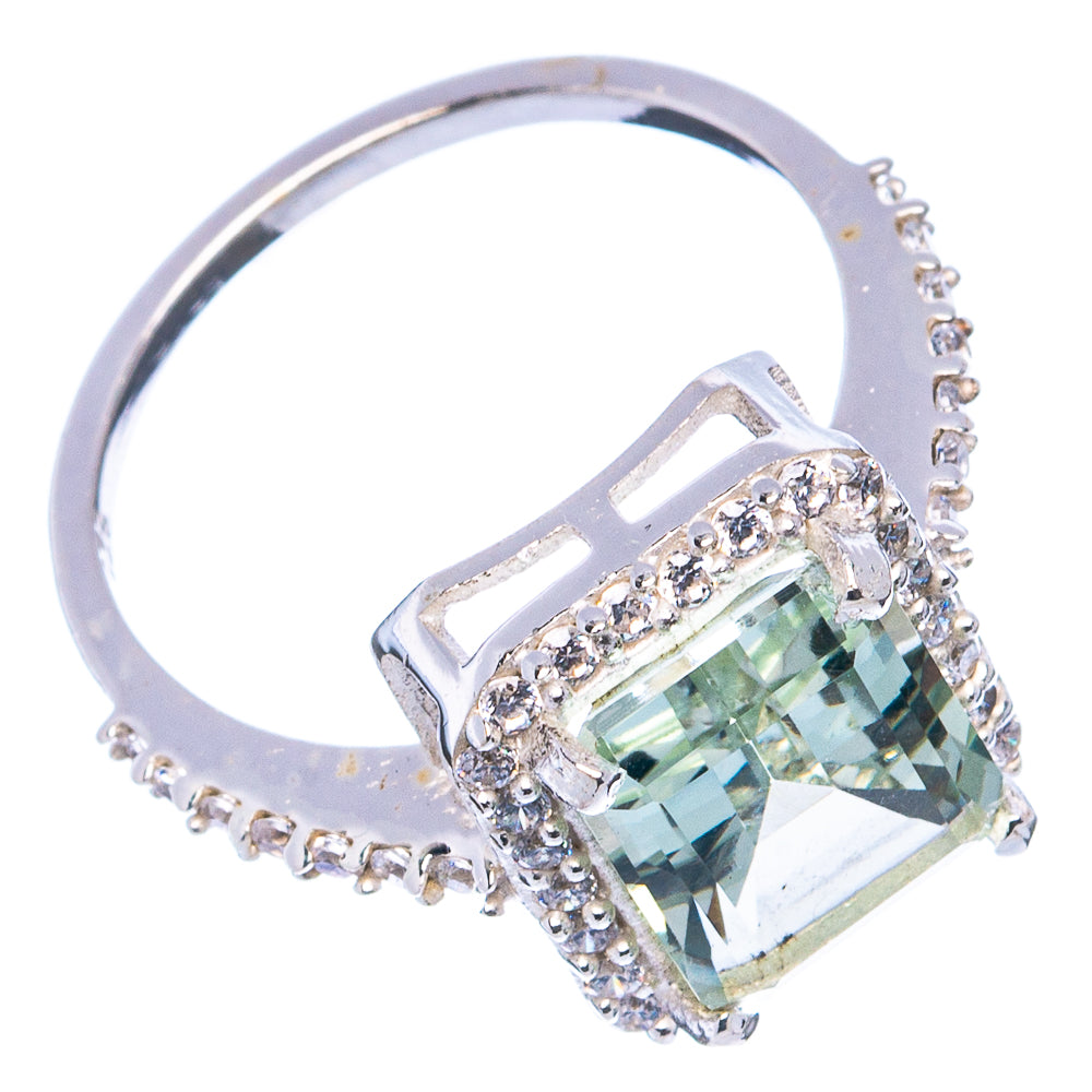 Faceted Green Amethyst, Cubic Zirconia Ring Size 6.75 (.925 Sterling Silver)