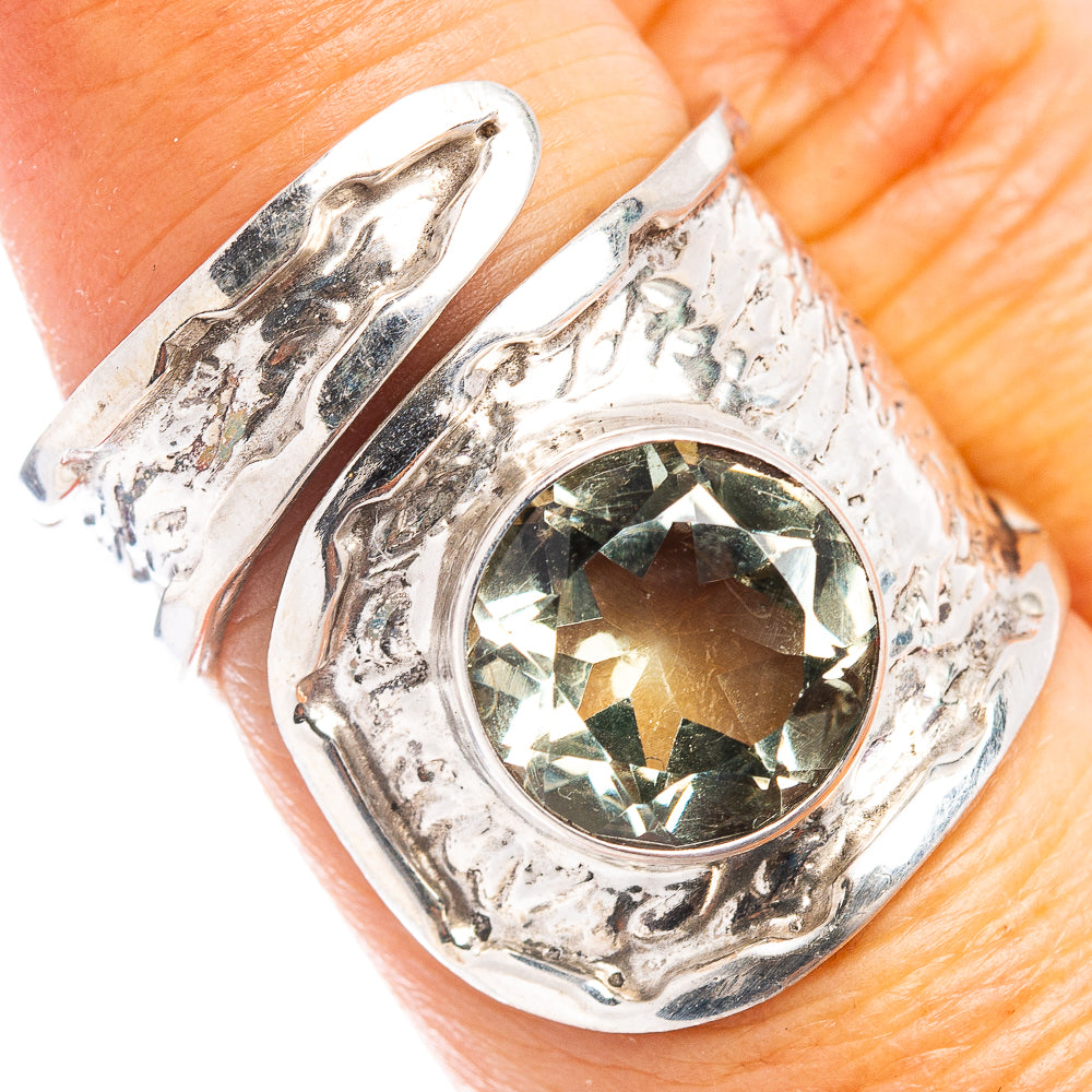 (Classic Series) Green Amethyst Ring Size 6 Adjustable (.925 Sterling Silver)