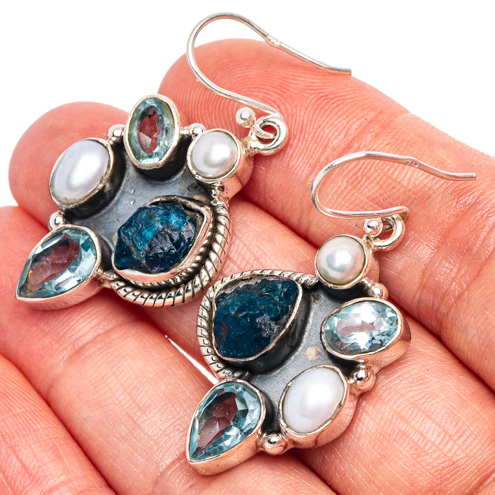 Premium Apatite, Blue Topaz, Cultured Pearl Earrings 1 5/8" (925 Sterling Silver) E1706