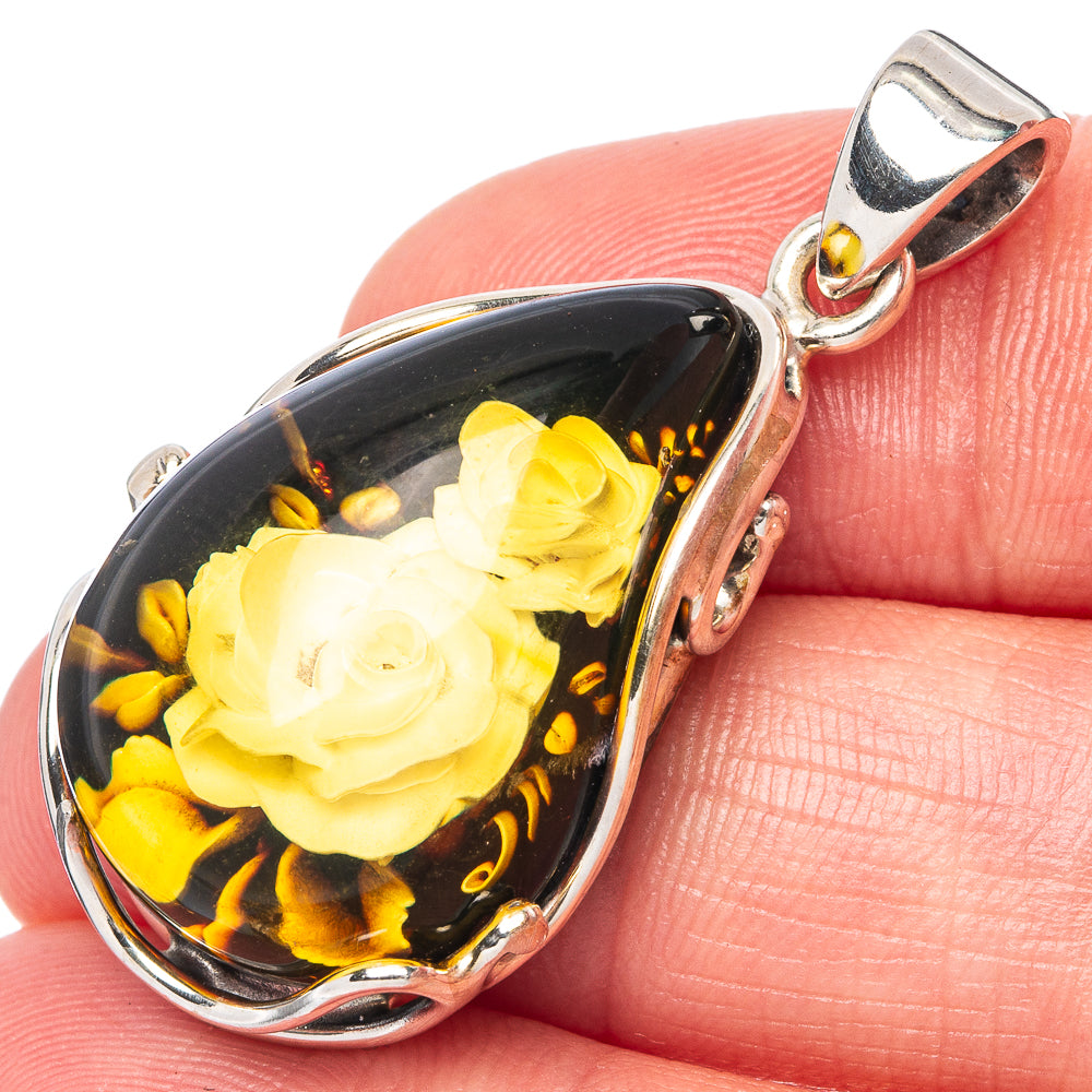 Amber Intaglio Rose Pendant 1 1/2" (925 Sterling Silver) P42555