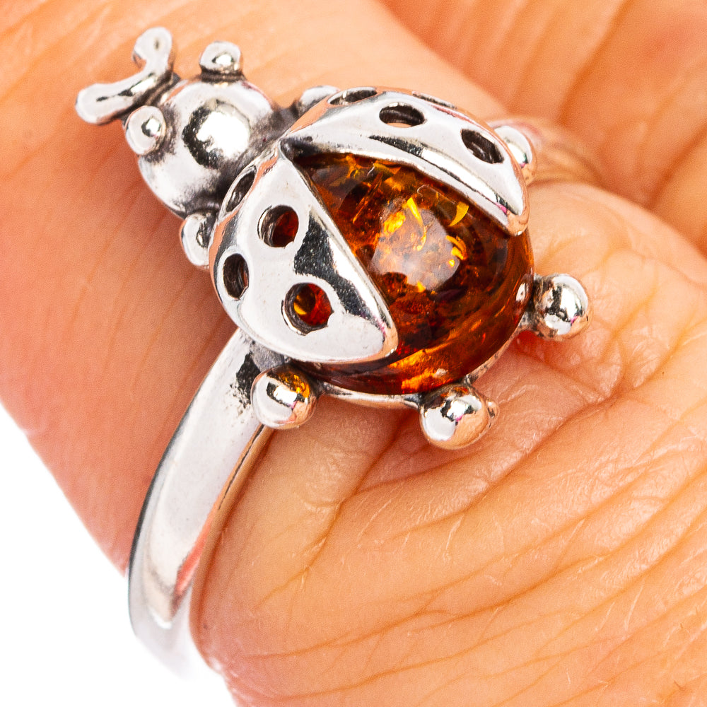Baltic Amber Ladybug Ring Size 6.75 (.925 Sterling Silver)