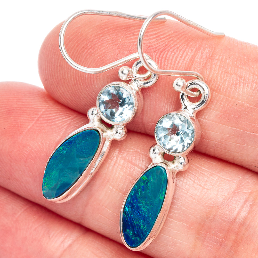 Fire Opal, Blue Topaz Earrings 1 3/8" (925 Sterling Silver) E433222