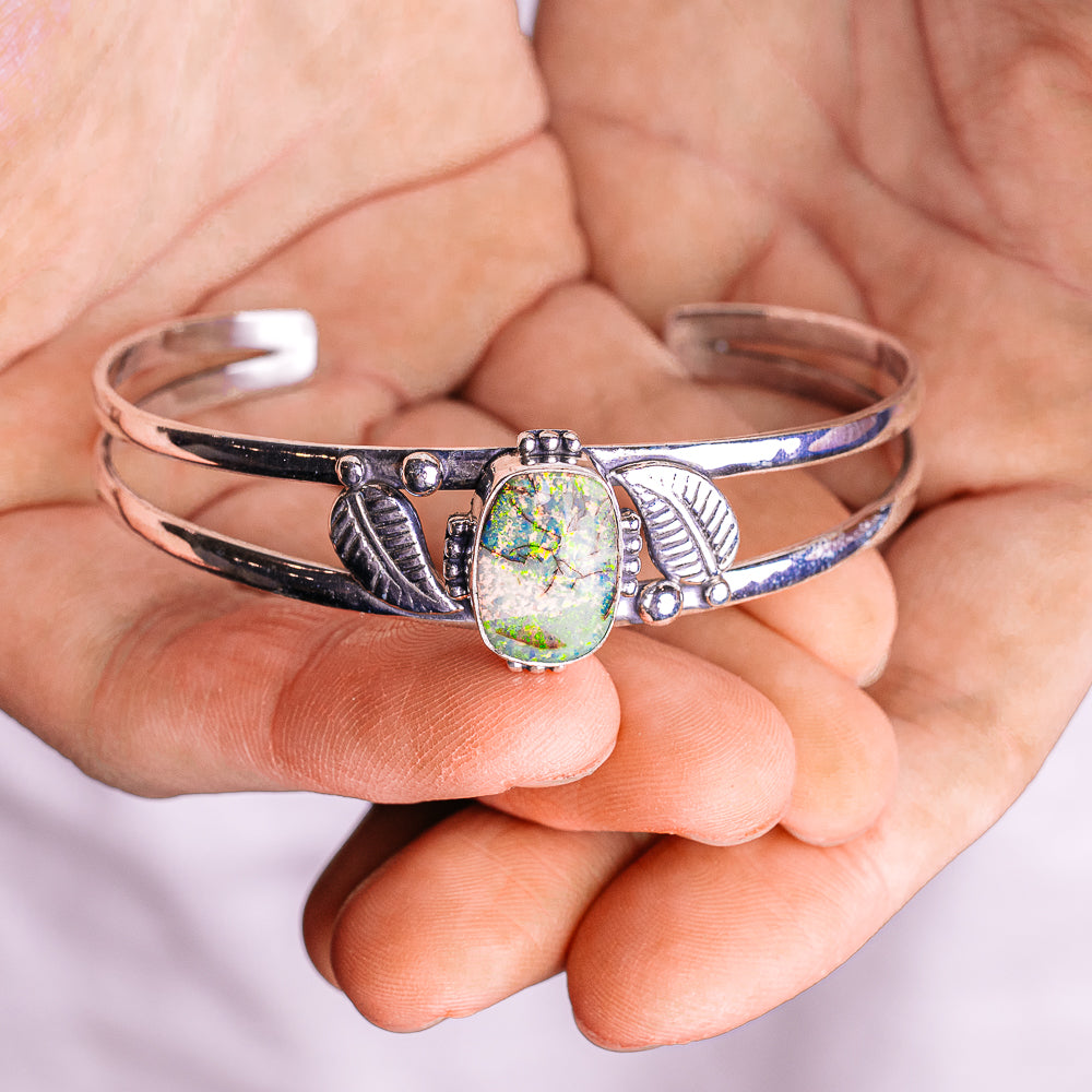 Sterling Opal Cuff Bracelet Adjustable (.925 Sterling Silver)