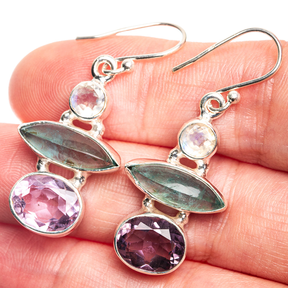 Amethyst, Aquamarine, Rainbow Moonstone Earrings 1 5/8" (925 Sterling Silver) E432713