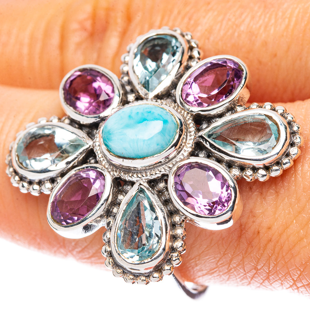 Larimar, Blue Topaz, Amethyst Large Flower Ring Size 9.25 (925 Sterling Silver) R3136