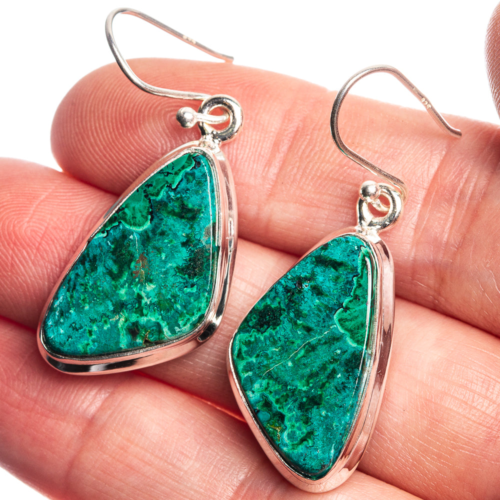 Malachite In Chrysocolla 925 Sterling Silver Earrings 1 5/8"
