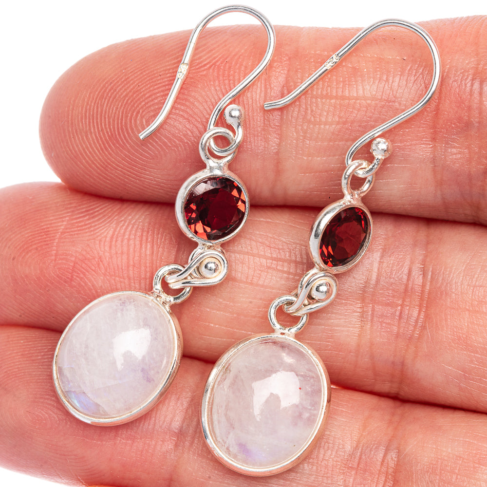 Rainbow Moonstone, Garnet Earrings 1 3/4" (925 Sterling Silver) E1067