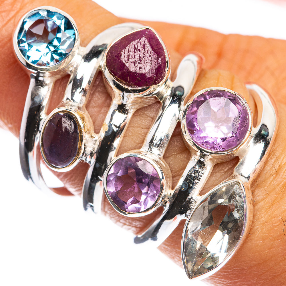Large Blue Topaz, Amethyst, Ruby, White Quartz 925 Sterling Silver Ring Size 7