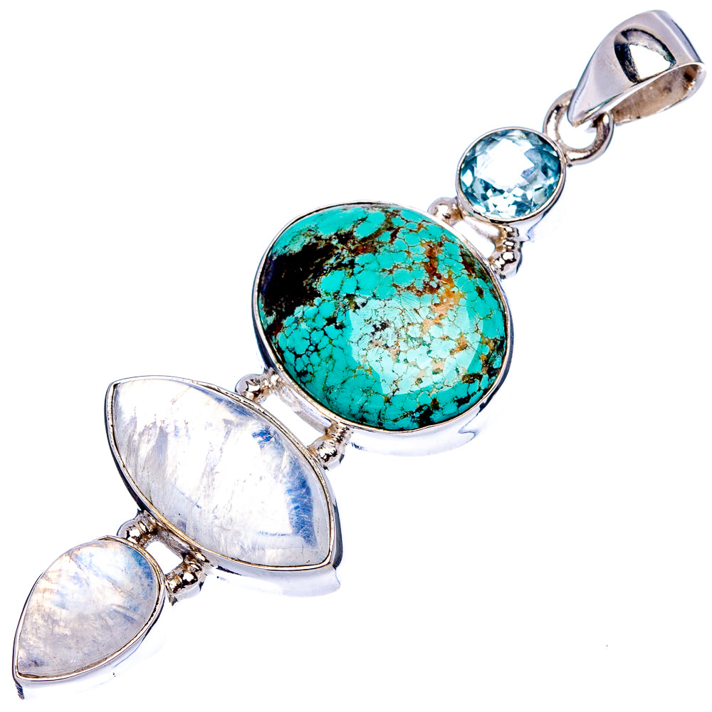 Premium Tibetan Turquoise, Rainbow Moonstone, Blue Topaz Pendant 2 1/4" (.925 Sterling Silver)