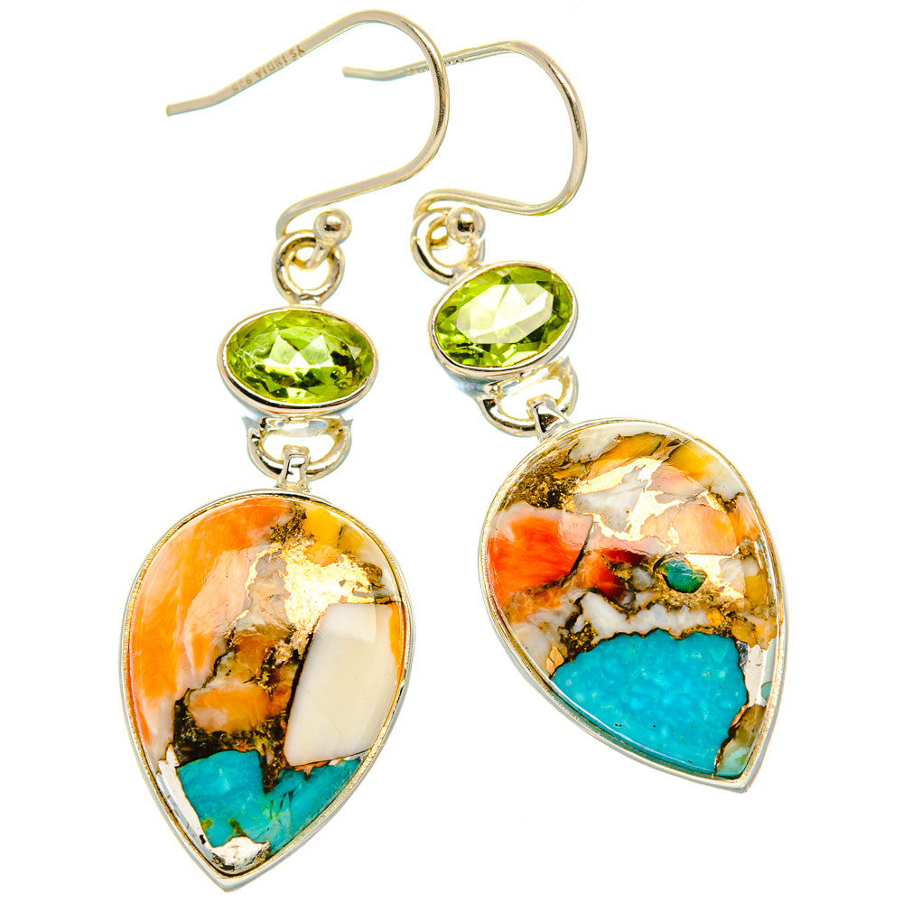 Spiny Oyster Turquoise, Peridot Earrings 1 3/4" (925 Sterling Silver) EARR432030