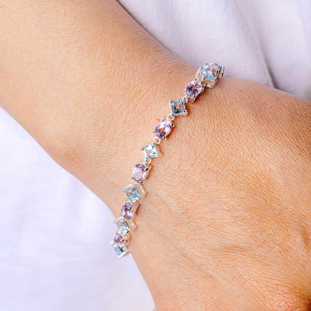 Amethyst, Blue Topaz Bracelet 6 7/8 To 7 7/8" (925 Sterling Silver) B90387