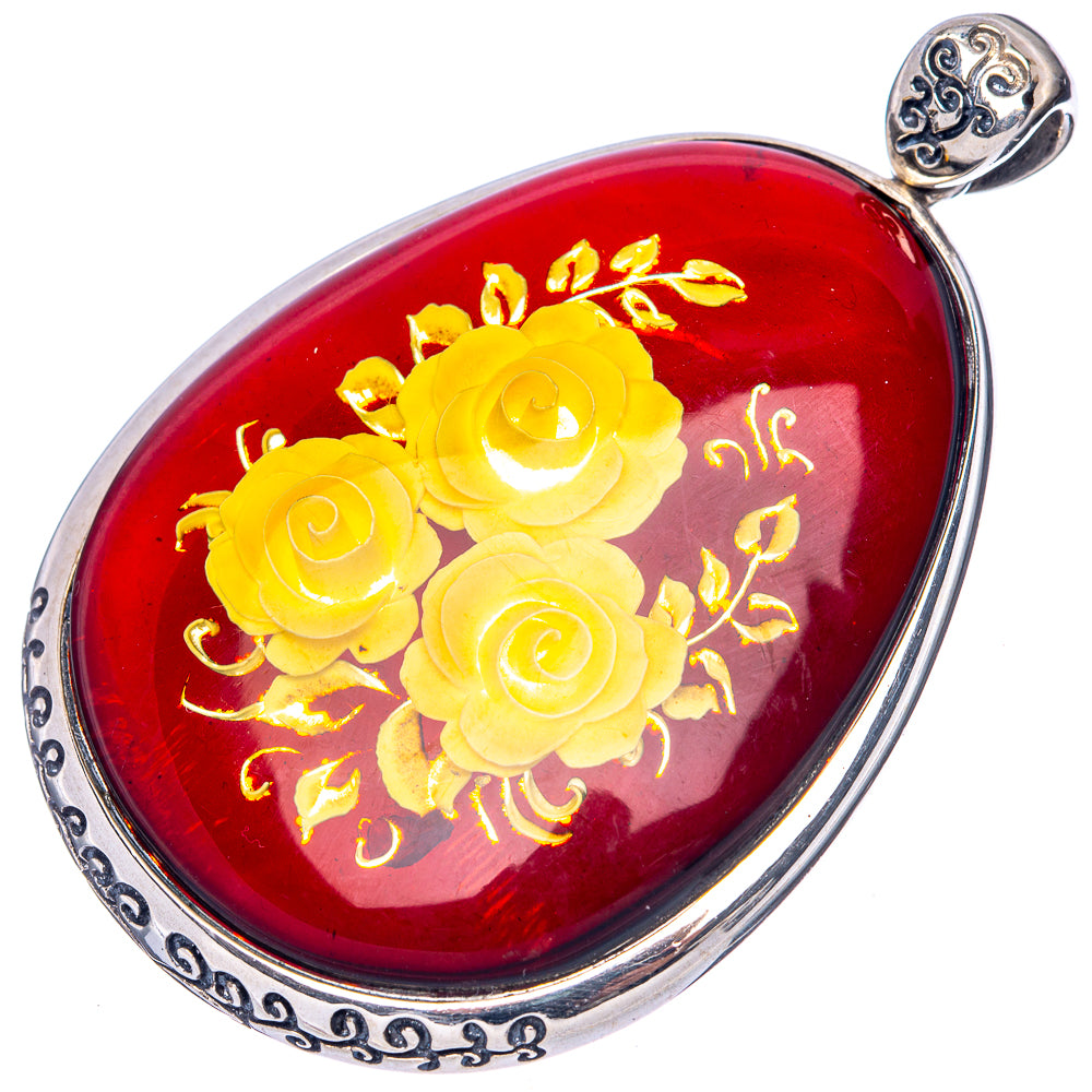 Amber Intaglio Rose Pendant 2 3/8" (925 Sterling Silver) P42591