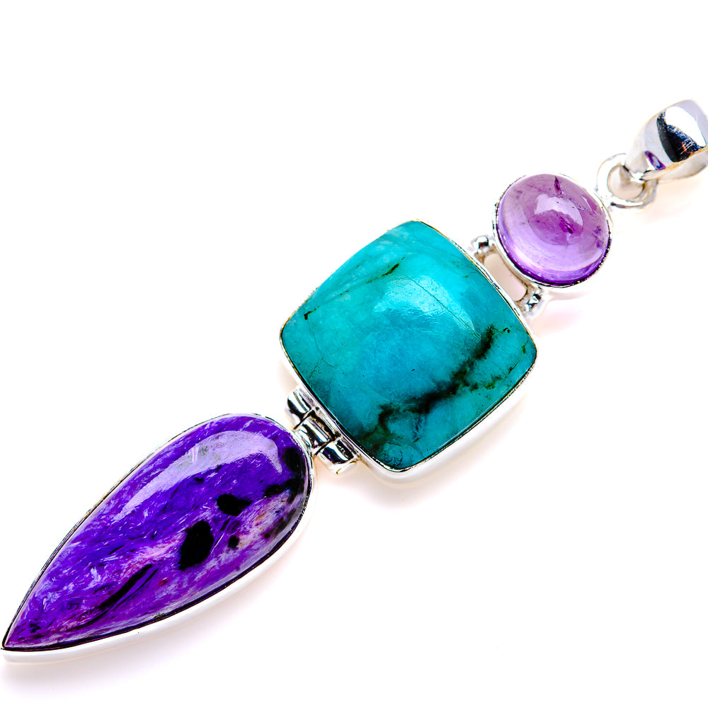 Charoite, Tibetan Turquoise, Amethyst Pendant 2 3/4" (925 Sterling Silver) PD38143