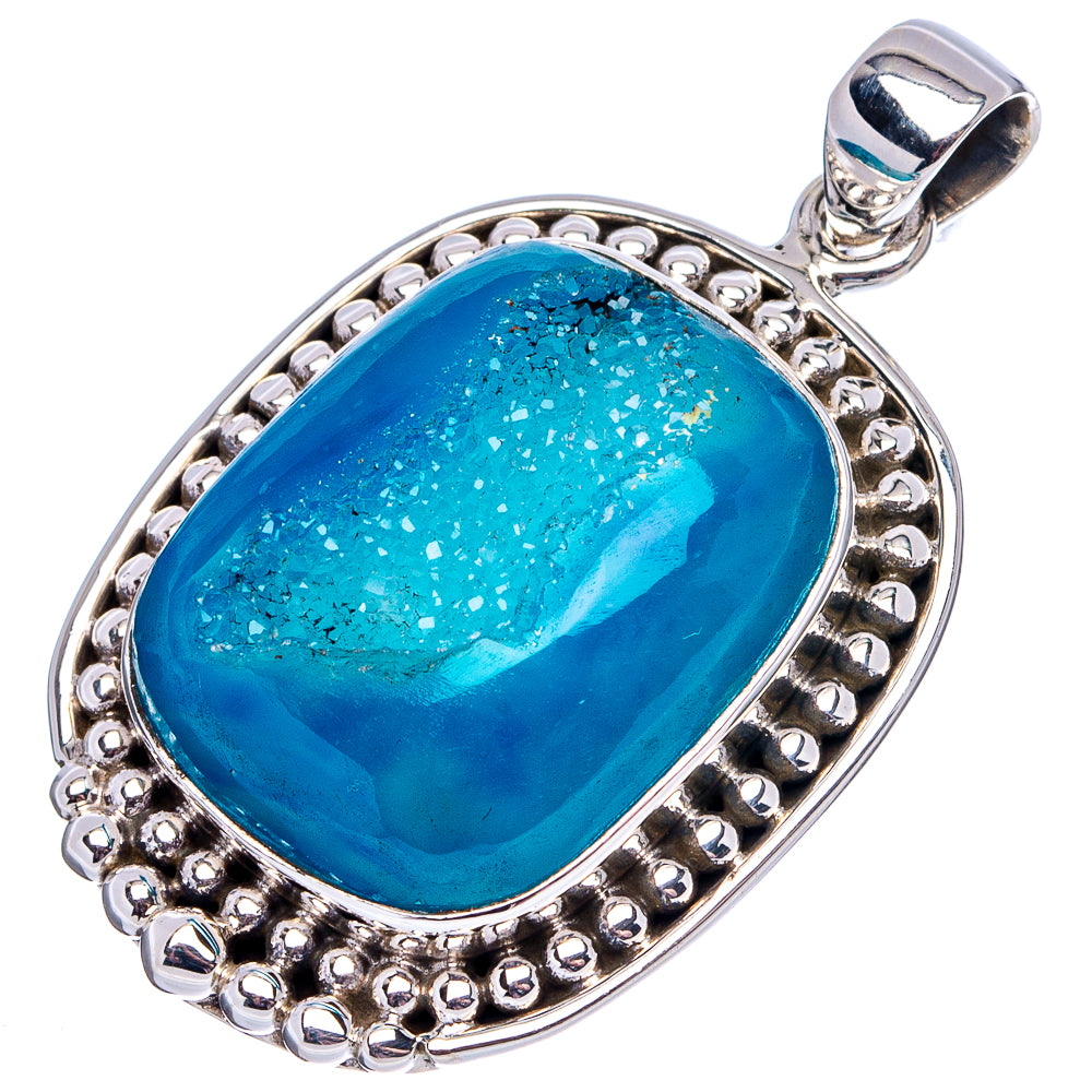 Premium Blue Agate Druzy Pendant 1 5/8" (.925 Sterling Silver)
