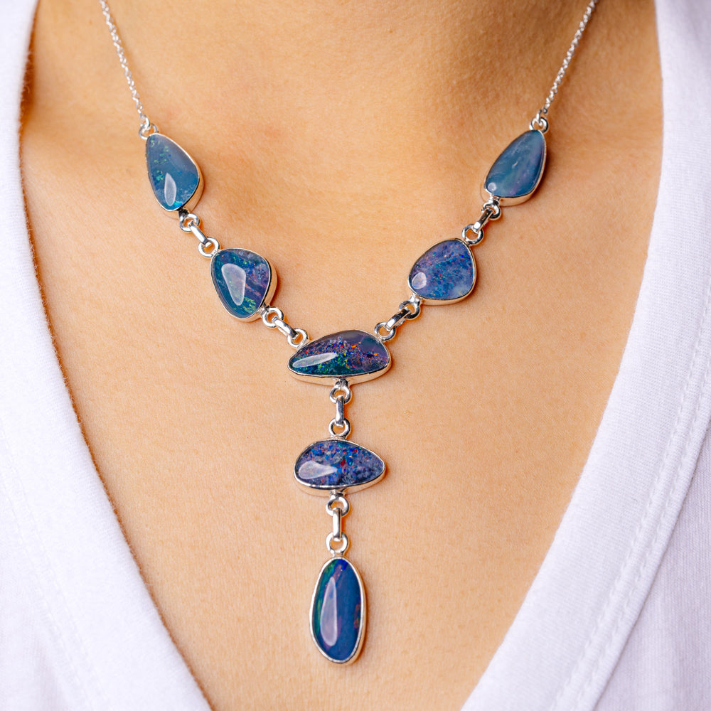 Rare Triplet Opal Necklace 16 3/4 To 18 1/2" (925 Sterling Silver) N90111