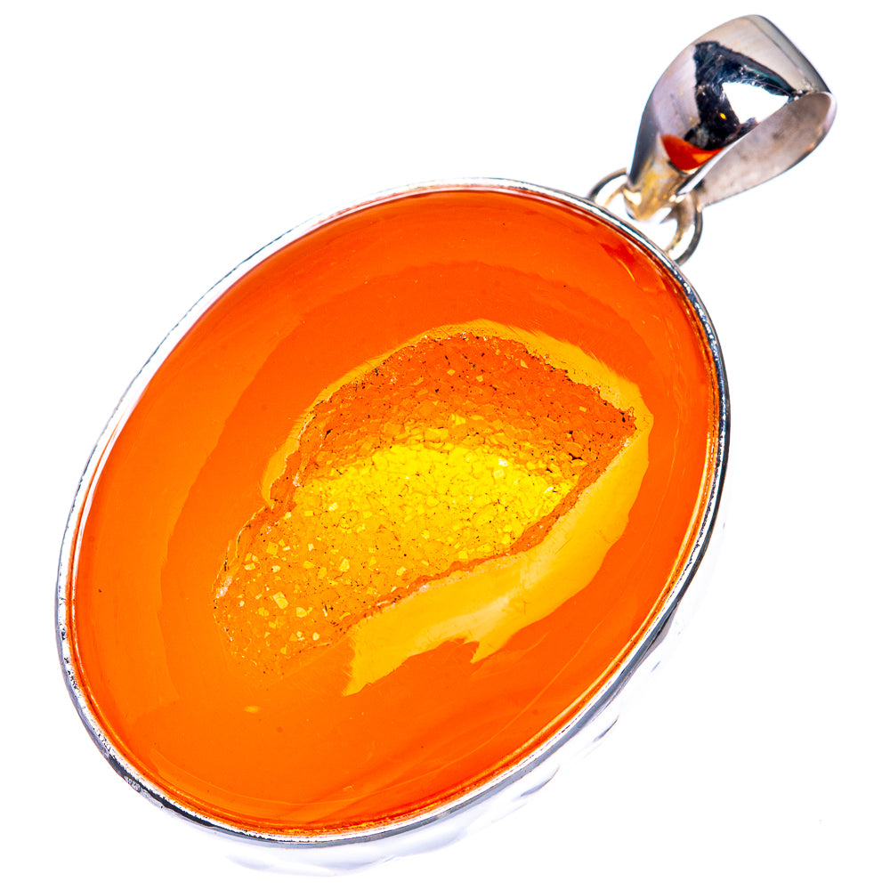 Orange Druzy 925 Sterling Silver Pendant 1 3/4"