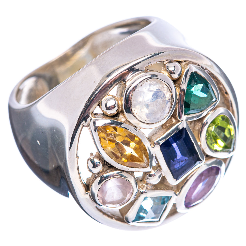 Premium Faceted Multi-Gem Tanzanite, Blue Topaz, Rose Quartz, Citrine, Rainbow Moonstone, Green Fluorite, Peridot, Amethyst Ring Size 7 (.925 Sterling Silver)