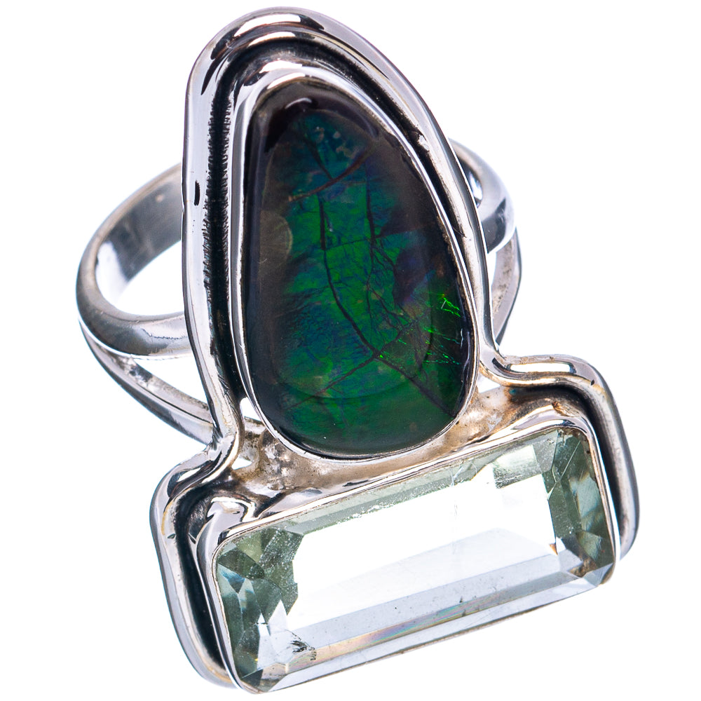 Premium Ammolite, Green Amethyst Ring Size 6 (.925 Sterling Silver)