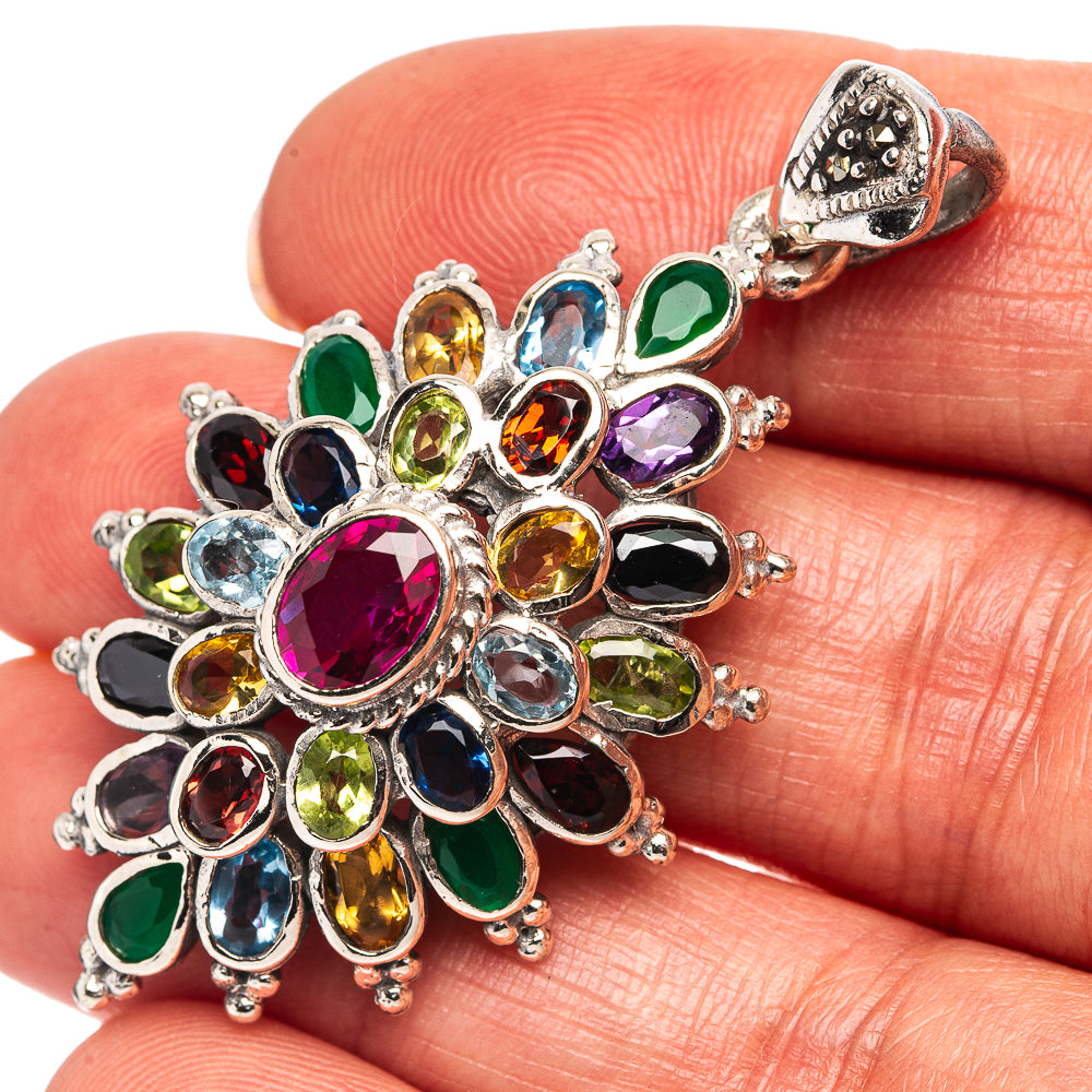 Ruby, Kyanite, Blue Topaz, Garnet, Citrine, Green Onyx Pendant 1 7/8" (.925 Sterling Silver)