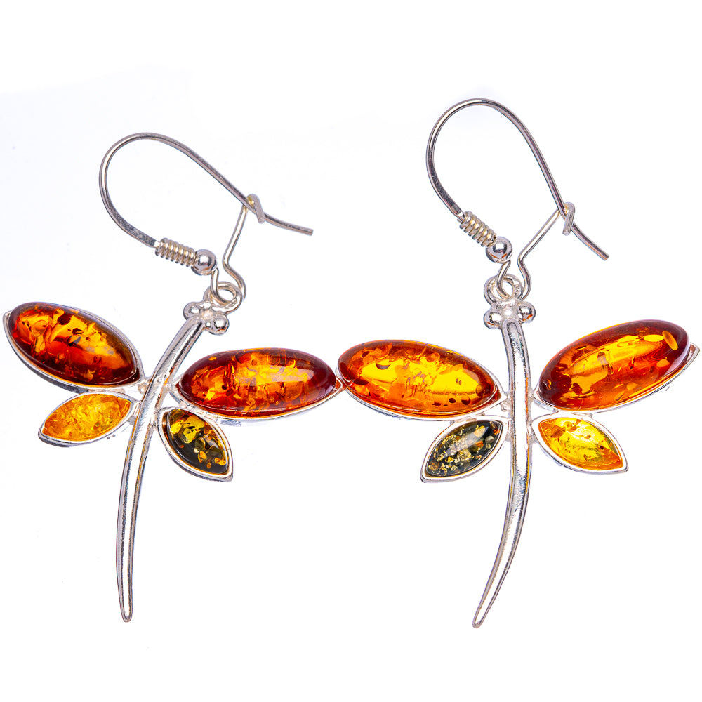 Baltic Amber Dragonfly Earrings 2" (.925 Sterling Silver)