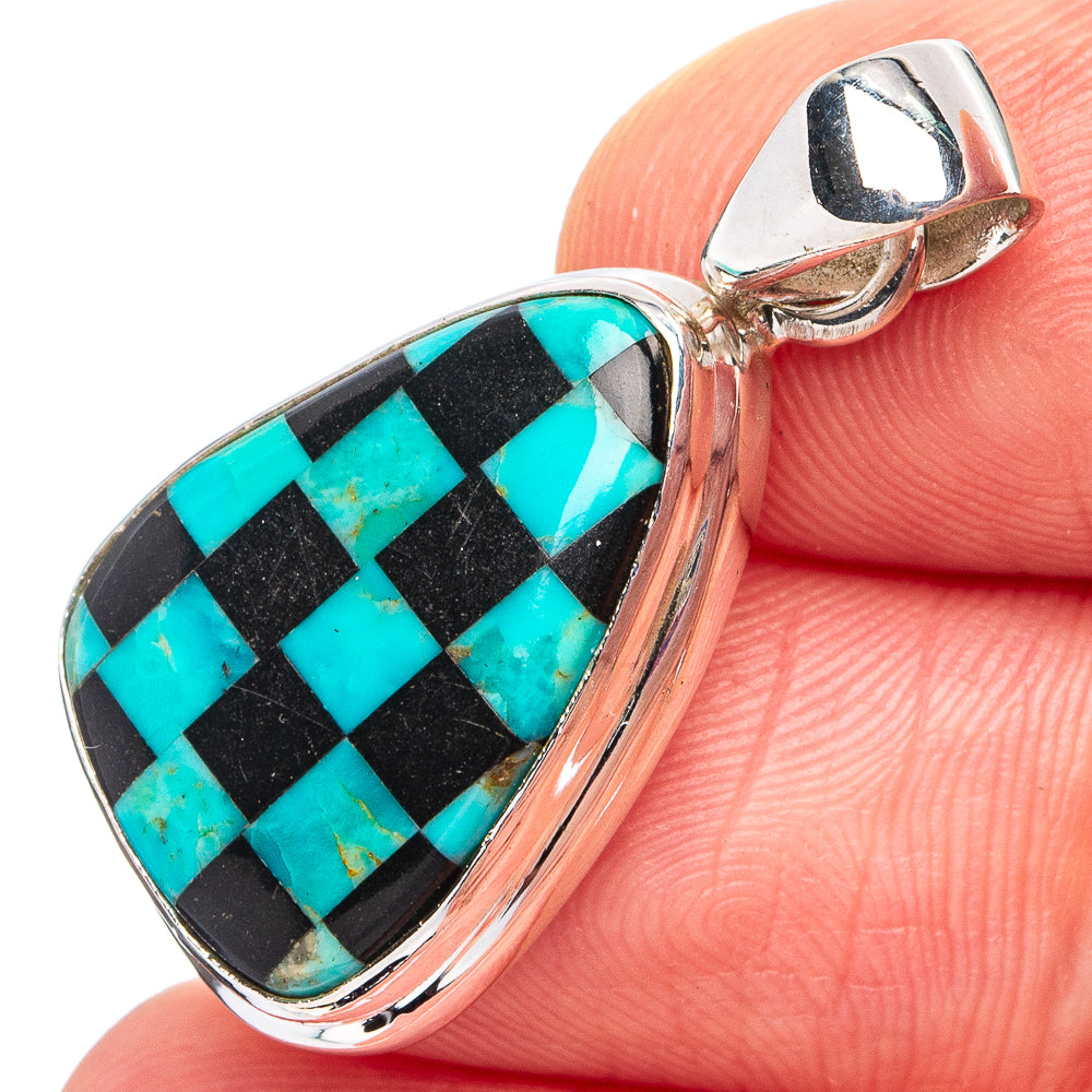Rare Kingman Turquoise Black Onyx Pendant 1 1/4" (.925 Sterling Silver)