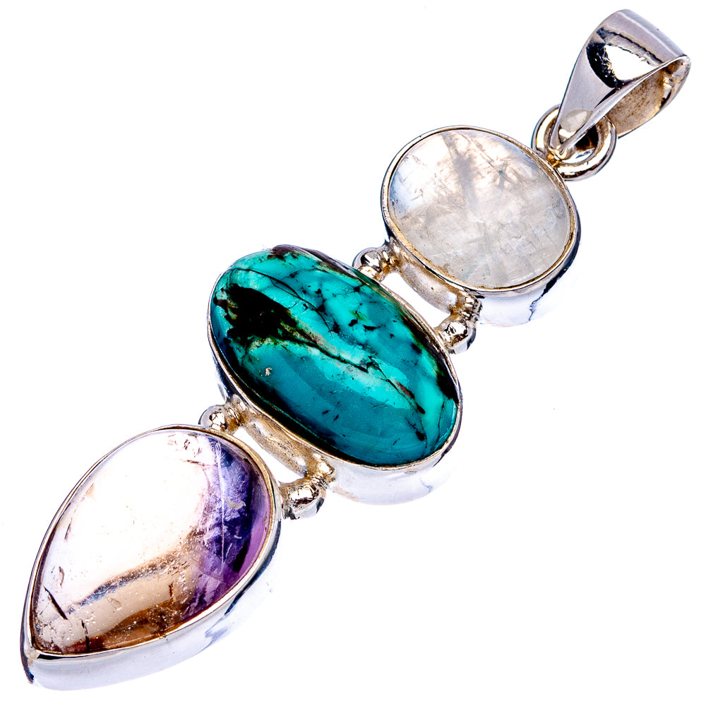 Premium Tibetan Turquoise, Ametrine, Rainbow Moonstone Pendant 2" (.925 Sterling Silver)