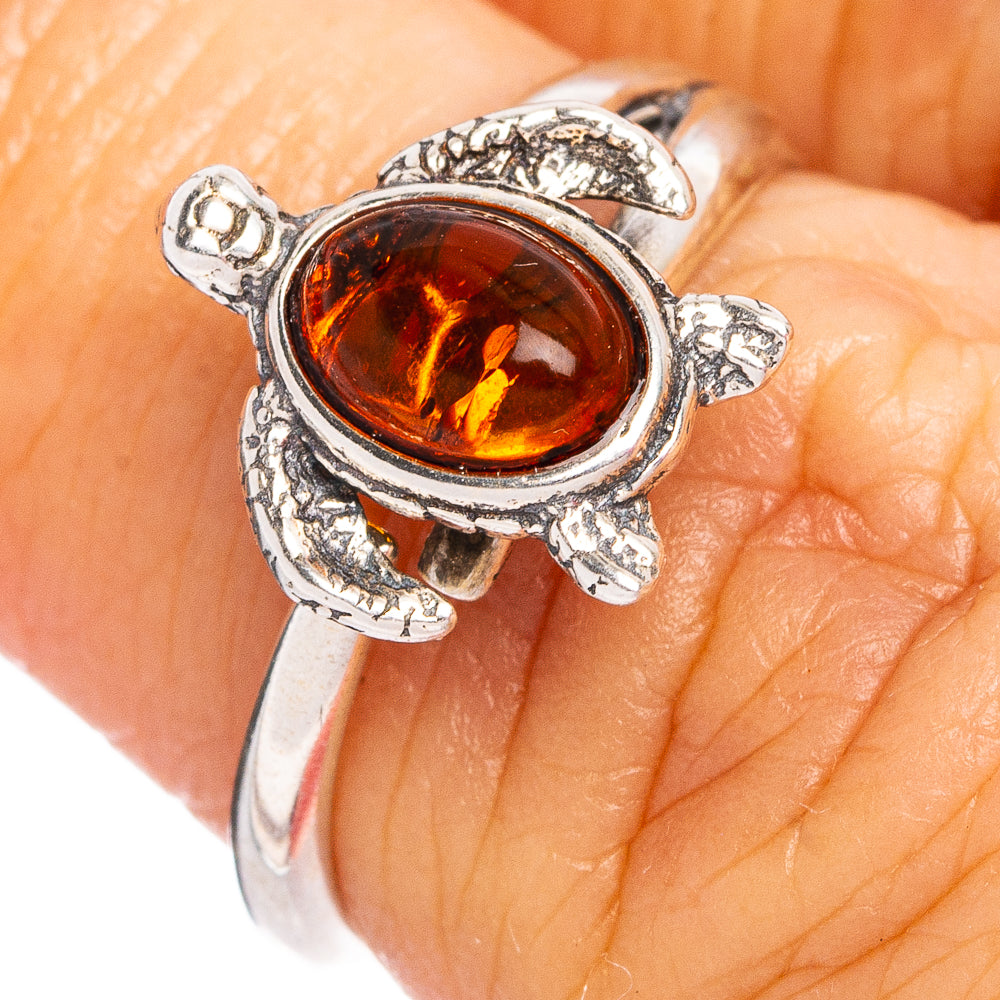Baltic Amber Sea Turtle Ring Size 5 Adjustable (.925 Sterling Silver)