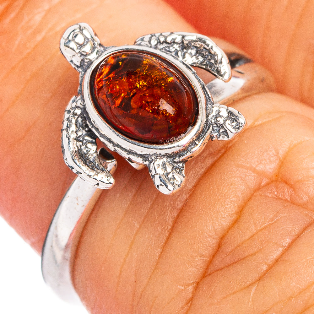 Baltic Amber Sea Turtle Ring Size 4 Adjustable (.925 Sterling Silver)