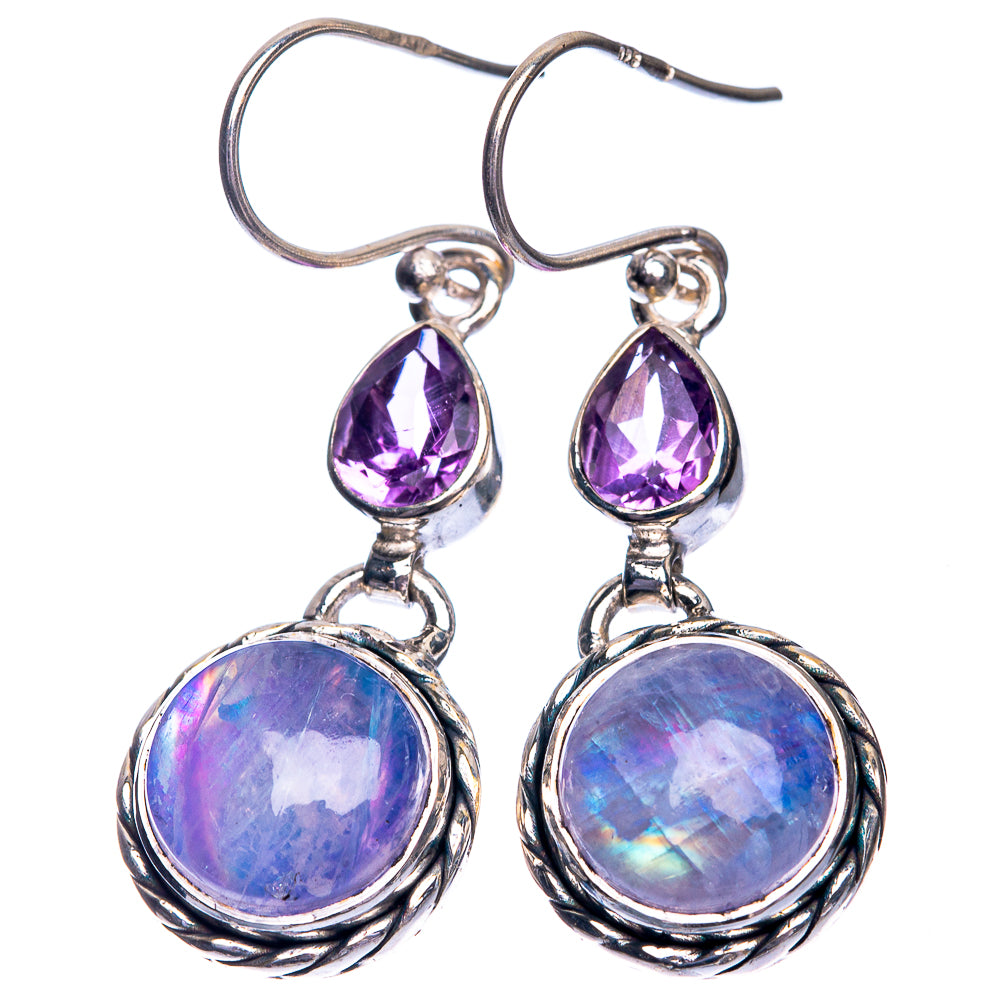 Rainbow Moonstone, Amethyst Earrings 1 5/8" (925 Sterling Silver) E432469