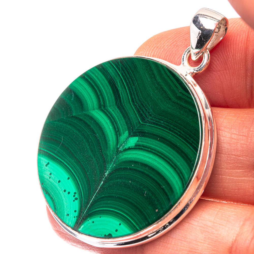 Malachite Coin 925 Sterling Silver Pendant 1 3/4" (925 Sterling Silver) PD38647