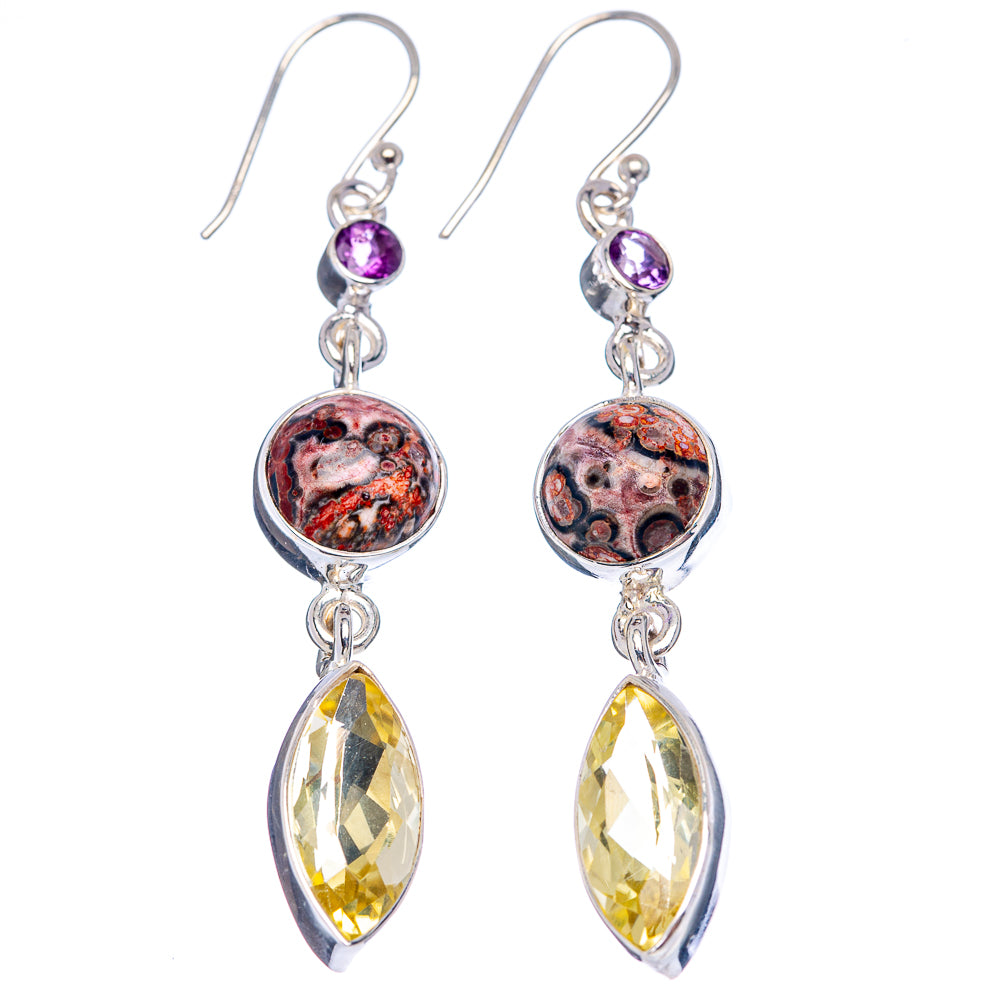 Premium Leopard Skin Jasper, Citrine, Amethyst Earrings 2 3/8" (.925 Sterling Silver)