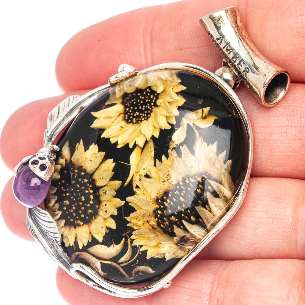 Anasilvercos Baltic Amber Cameo Pendant 2 1/4" (925 Sterlnig Silver)