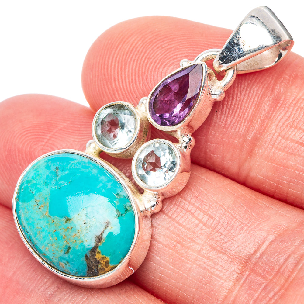 Rare Kingman Turquoise, Blue Topaz, Amethyst Pendant 1 3/8" (925 Sterling Silver) P41097