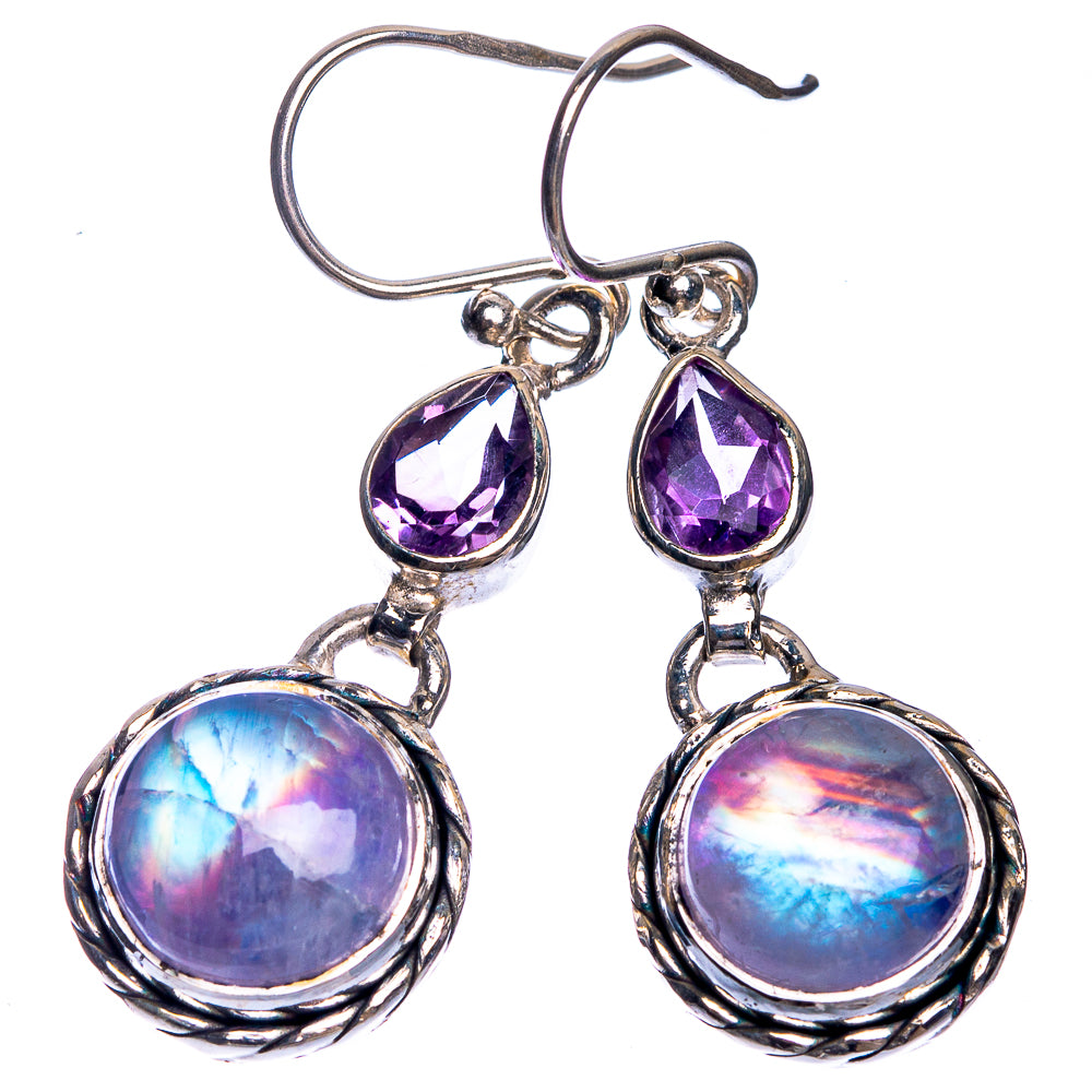 Rainbow Moonstone, Amethyst Earrings 1 5/8" (925 Sterling Silver) E432686