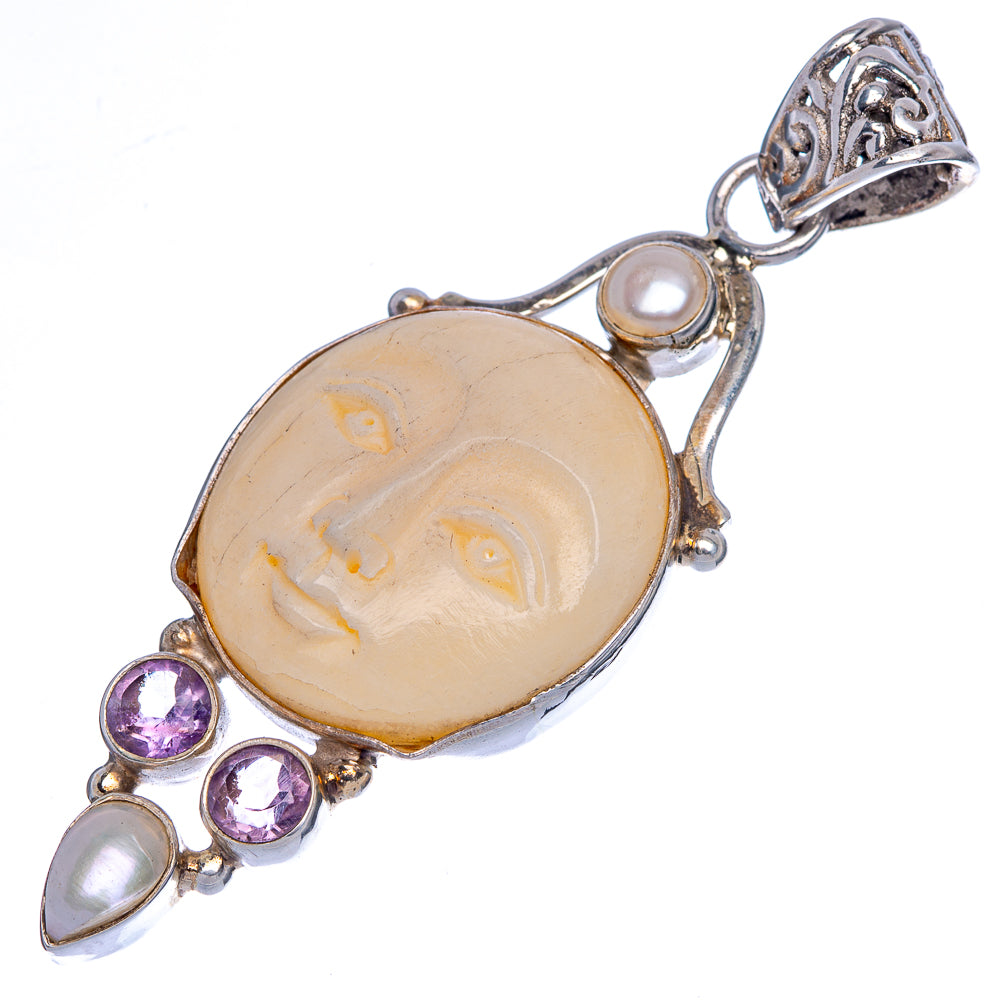 Carved Face, Amethyst, Cultured Pearl Pendant 2 3/8" (925 Sterling Silver) P40084