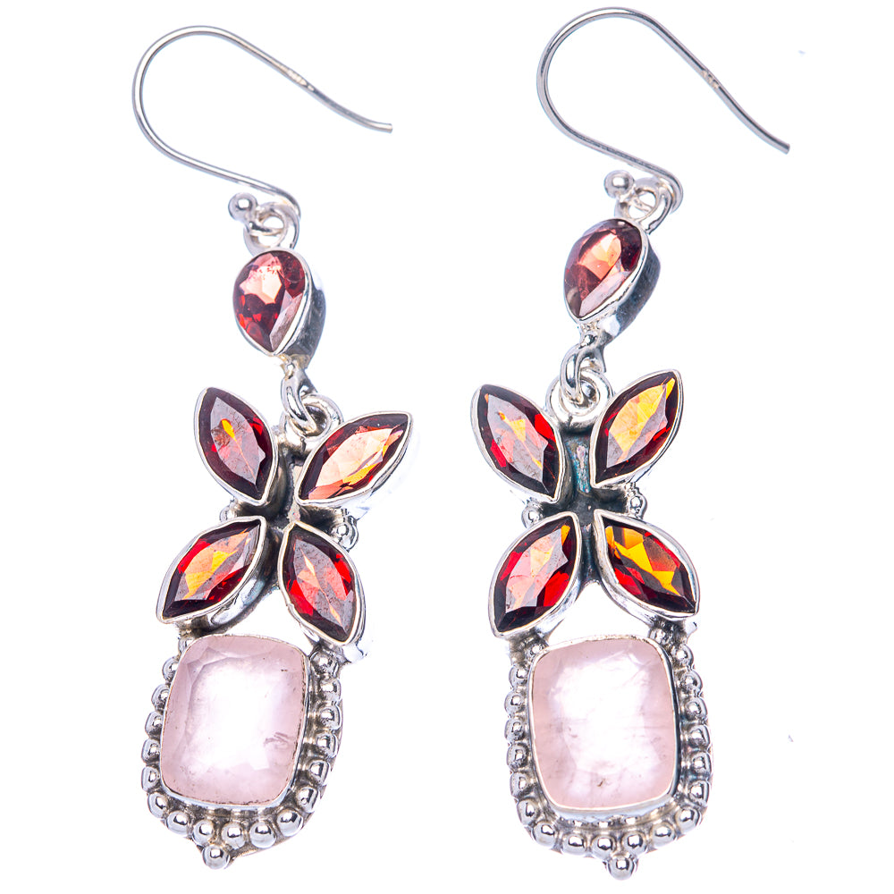 Premium Rose Quartz, Garnet 925 Sterling Silver Earrings 2 1/4" (925 Sterling Silver) E1215