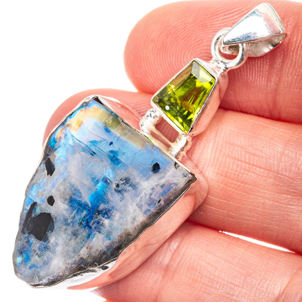 Raw Rainbow Moonstone, Peridot Pendant 1 7/8" (925 Sterling Silver) P39247