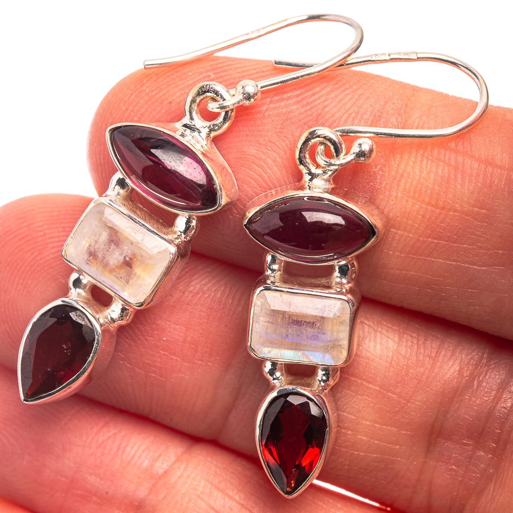 Rainbow Moonstone, Garnet, Pink Quartz Earrings 1 1/2" (925 Sterling Silver) E432381