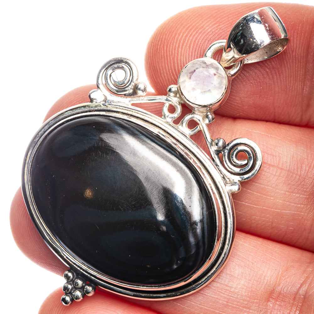 Psilomelane, Rainbow Moonstone Pendant 1 7/8" (925 Sterling Silver) P39203