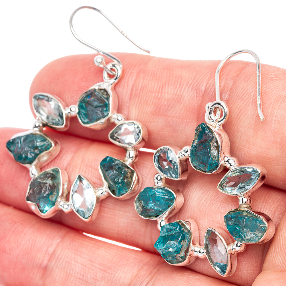 Premium Rough Apatite, Blue Topaz 925 Sterling Silver Earrings 1 5/8" (925 Sterling Silver) E1208