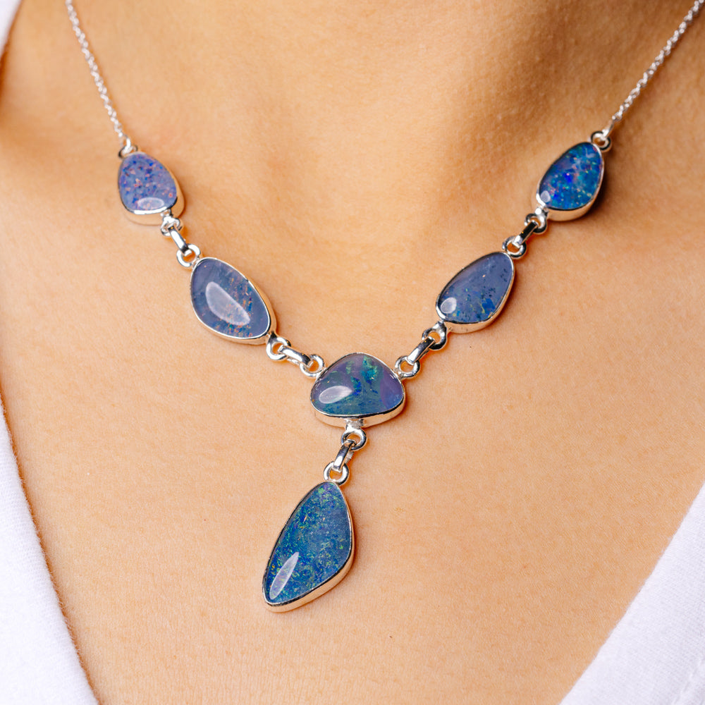 Rare Triplet Opal Necklace 16 3/4 To 18 3/8" (925 Sterling Silver) N90118